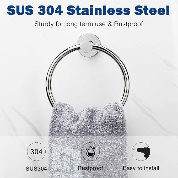 NearMoon Bath Towel Ring, Bathroom Hardware Accessories-Thicken Stainless Steel Hand Towel Holder for Bathroom, Modern Round Towel Hanger Wall Mounted (Chrome, 5 Pack)
