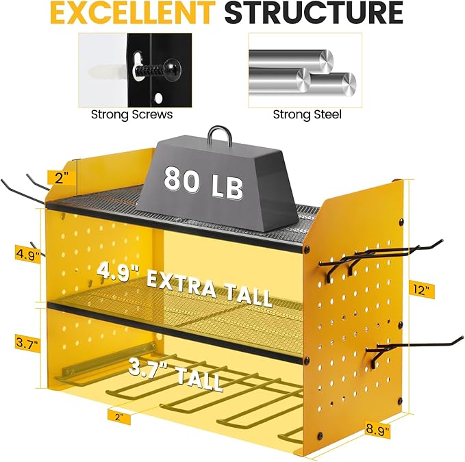 TRZZ Power Tool Organizer Wall Mount, 3-Layer Drill Rack, Yellow | 2 Side Pegboards, 4 Hooks, Cordless Drill Holder, Efficient Storage, for Workshop, Garage, Tool Room