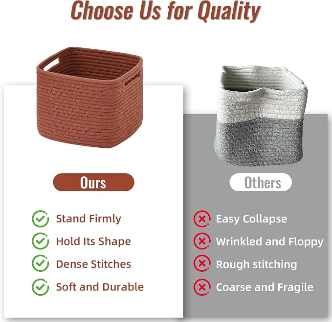 3 Pack Cube Storage Bin, 9”x9”x7” Cotton Rope Woven Baskets for Organizing Toys Clothes Towels, Square Gift Storage Baskets for Shelves, Nursery, Closet, Bathroom, Pantry (Red)