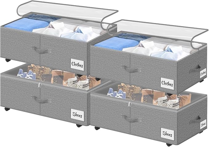 Under Bed Storage with Wheels, 4-Pack 10" Height XXL 75L Rolling Storage Bins, Quick Assembly Underbed Shoe Storage Containers with Clear Lid & Label, Dorm Under Bed Drawers for Clothes, Shoes, Grey