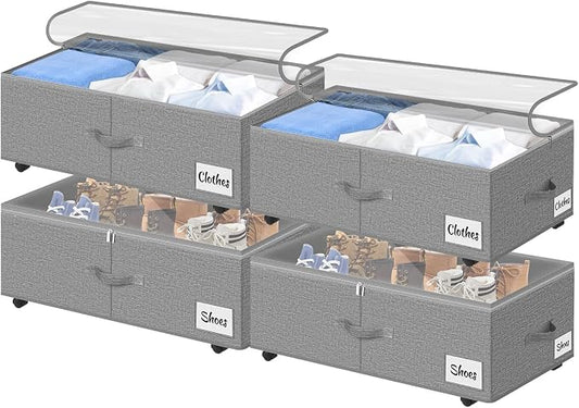 Under Bed Storage with Wheels, 4-Pack 10" Height XXL 75L Rolling Storage Bins, Quick Assembly Underbed Shoe Storage Containers with Clear Lid & Label, Dorm Under Bed Drawers for Clothes, Shoes, Grey