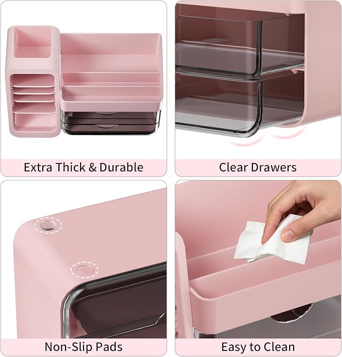 Countertop Makeup Skincare Organizer with Adjustable Brush Holder, Pink | Extra Thick Plastic, Clear Drawers, Large Bathroom Vanity Counter Organizer, Cosmetic Storage for Perfume, Lipstick, Palettes