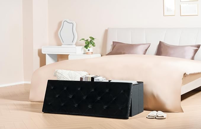 PINPLUS Folding Storage Ottoman Bench, Black Faux Leather Long Ottoman Chest, Footrest Seat, Blanket Storage for Living Room Bedroom Office Hallway, 43.3"x15"x15"