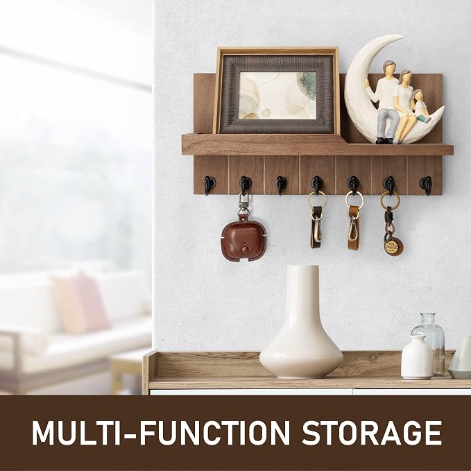 Rebee Vision Key Holder Wall Mount with Shelf for Entryway, Retro Brown | Key Holder for Wall, 7 Key Hooks, Floating Shelf, Key and Mail Holder for Wall, Home Storage, Sturdy Everyday Organization