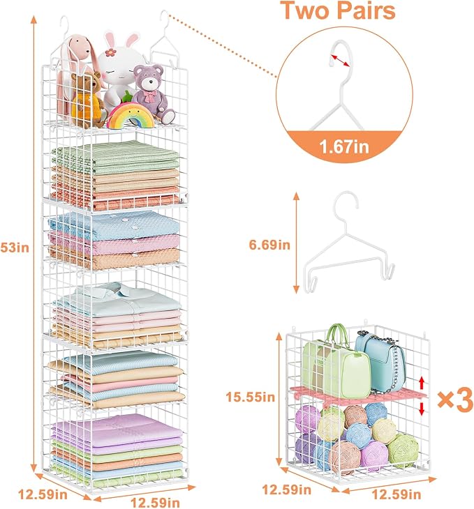 Yuyetuyo 6 Tier Raised-Height Hanging Closet Organizer, Stackable Sweater Organizer for Closet, Wire Storage Basket Bins for Clothes Purse Shoes, Hanging Shelves with 4 Hooks & 3 Dividers Adjustable