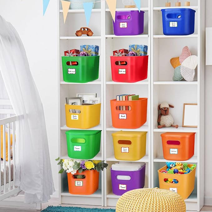 Thyle 12 Pack Colorful Plastic Storage Bins with Lids 7 Quart Vibrant Colored Toy Storage Box Stackable Nestable Organizer Box with Handle and Label for Classroom Shelf Bedroom Desktop School Supplies