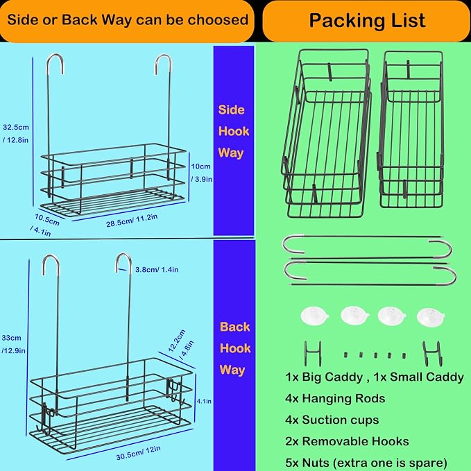 1-Tier Shower Caddy Hanging Shower Organizer Rack with Hook Over Door 2PK