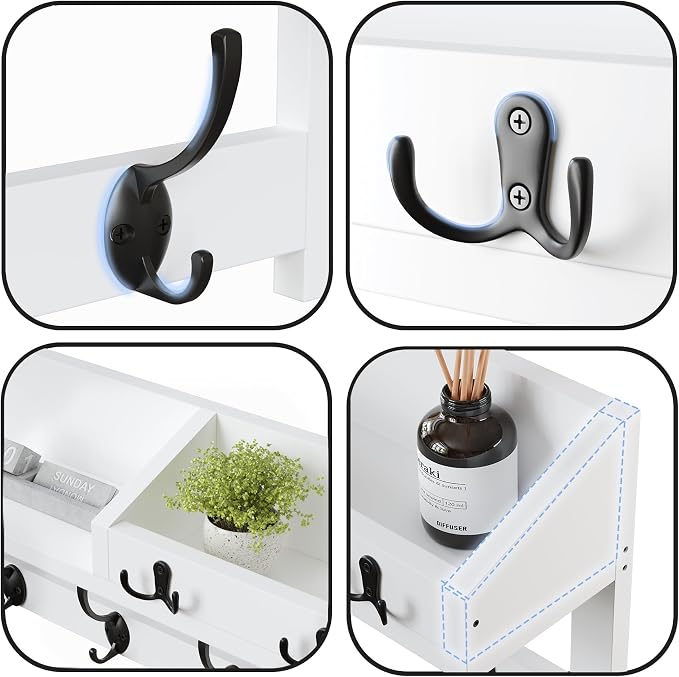 AMBIRD Wall Hooks with Shelf, 26.57 Inch Entryway Wood Coat Hooks for Wall, Coat Rack Wall Mount with 5 Dual Hooks 3 Key Hooks Mail Organizer and Key Rack Holder (White)