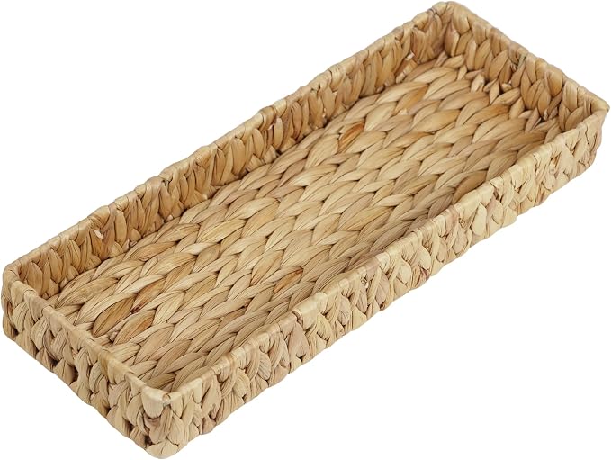 Water Hyacinth Bathroom Vanity Tray, 16.7 Inch | Long Toilet Tank Basket, Hand Towel Organizer, Bathroom Counter Storage, Coffee Table Tray, Woven Decor