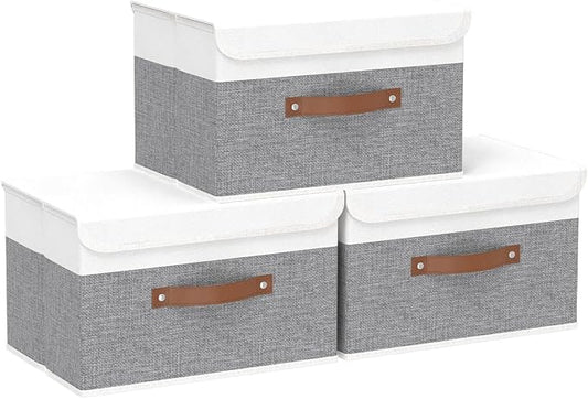 Yawinhe Collapsible Storage Boxes,White/Grey,10.2x7.9x6.7in,3-Pack | Fabric Storage bin with Lids, Washable Cube Organizer Basket; Container with Leather Handle,Closet Organizer for Home