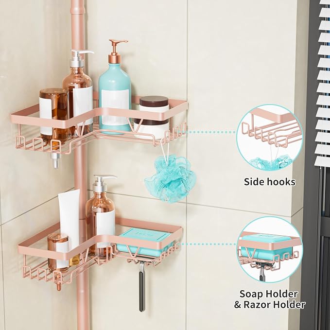 KEGII Corner Shower Caddy Tension Pole, Bathroom Organizer, Blush Nude | 28 Hooks, Soap Holder and Razor Rack for Family Bathrooms, 4-Tier Storage with Rustproof Steel, Fits 25-114.2 inch Heights