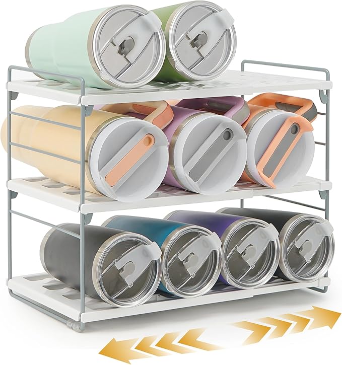 Cirhy 12" Tall 3-Tier Expandable Water Bottle Organizer – Fits 20-40 oz Stanley, Owala, Yeti Tumblers, Shaker Cups & Travel Mugs – Adjustable Storage Rack for Cabinet, Kitchen & Pantry Organization | Adjustable 12" Tall Bottle Rack, Fits 20-40 oz Tumbl...