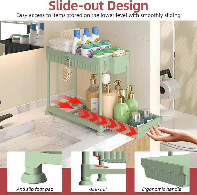 Sevenblue 4-Pack 2-Tier Under Sink Organizer with Pull Out Drawers | Multi-use kitchen & bathroom storage. Includes hanging hooks and cups. Green, space-saving cabinet design. 14.8 Inch