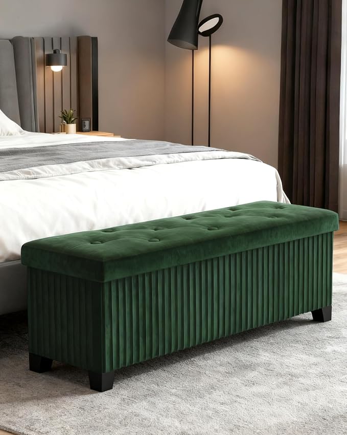 LITZFUR 43 Inches Storage Ottoman Bench, Velvet Foot Rest Stool, Green | Folding Ottoman with Legs, End of Bed Bench, Storage Chest for Living Room, Bedroom