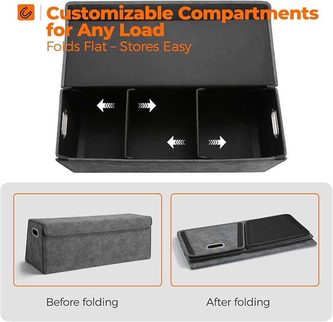 Fyzeoty Car Trunk Organizer for SUV and Sedan, Trapezoidal-Grey, 29.5 in | Tailored for Rear Seats, Silky Crosshatch Vegan Leather, XL, Magnetic Lid, Collapsible & Adjustable, Water‑Dust Resist