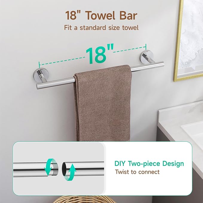 USHOWER 4PCS Polished Chrome Bathroom Accessories Set,18-Inch Towel Bar Set | Durable SUS304 Stainless Steel Bathroom Hardware Set, Towel Racks for Bathroom Wall Mounted, Modern Home Decor