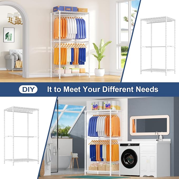 E12 Pro Clothes Rack，Heavy Duty Freestanding Garment Rack with Shelves，Metal Clothing Closet Storage System for Hanging Clothes，71" W x 16" D x 76.5" H, Hold 960 lbs，White