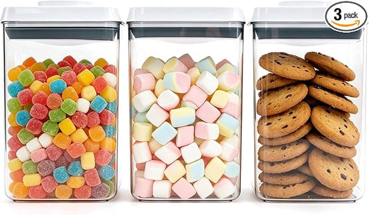 Pop Push Button Airtight Food Storage Containers 3 Pack (1.8Qt) | BPA-Free Stackable Rectangular Canisters for Coffee Beans, Snacks, Cereal, Grains, Dry Food