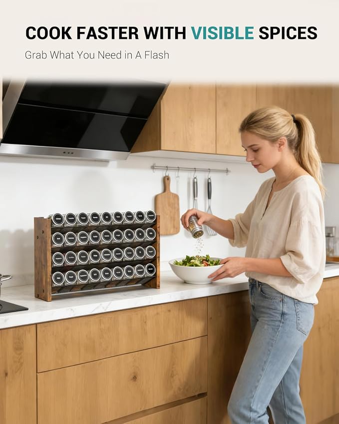 NESAPTO Spice Rack Organizer for Cabinet, Wood 4-Tier Vertical Seasoning Organizer, Wall Mount or Countertop Spice Shelf, Holds 36 Jars (No Jars Included), 17.2" W x 10.3" H