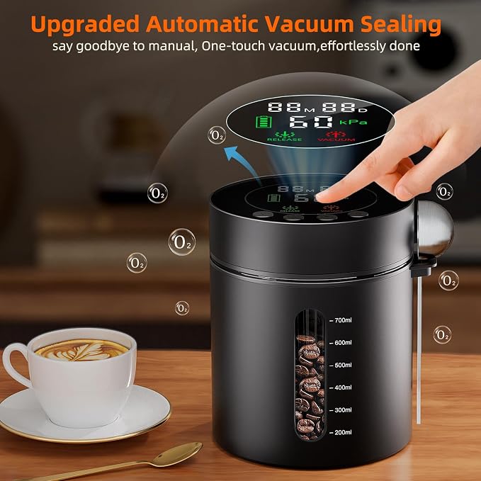 Automatic Vacuum Coffee Canister, 0.8L Coffee Container with LED Display | Smart Pressure Sensor,Window,Scoop Rechargeable Airtight Electric Coffee Bean Storage for Home Kitchen Ground Food Storage