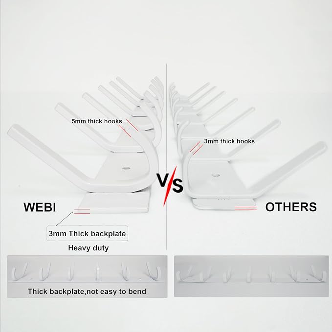 WEBI Coat Rack Wall Mount,8 Hooks,24" Long Coat Hooks Wall Mounted,Coat Hanger Wall,Hook Rack,Jacket Hooks for Hanging Coats,Hat,Clothes,White,2 Packs