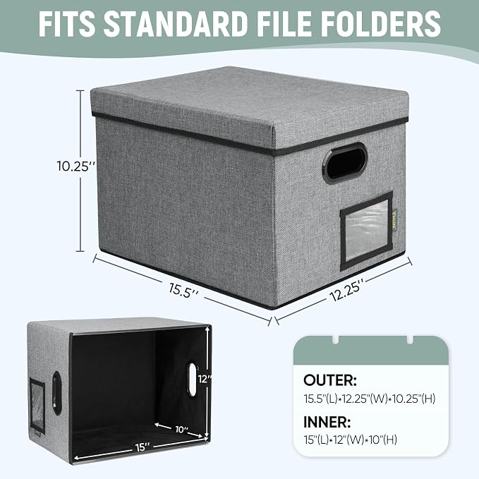 BALEINE File Organizer Box with Lid, Collapsible File Folder Organizer with Plastic Slide, Filing Box for Office Home Document Organizer Storage (Gray, 2PK)