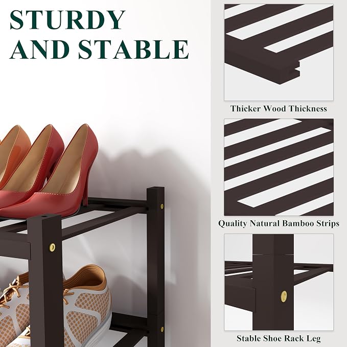 Smiry Bamboo Shoe Rack, 12 Vertical Slats, 2 Tier - 17.3" Wide, Brown | Stackable Free Standing Wooden Shoe Organizer, Wood Shoe Storage Shelf for Closet, Entryway