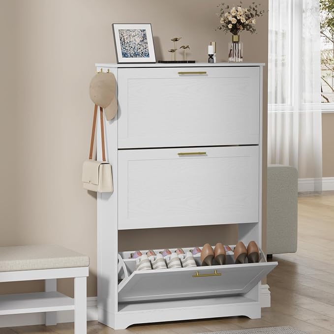 Modern Luxury Shoe Cabinet Organizer with 3 Flip Drawers,31.5" W，White | Freestanding shoe storage cabinet for entryway,foyer and hallway,space-saving flip drawers,Adjustable Shelves & 2 Hooks