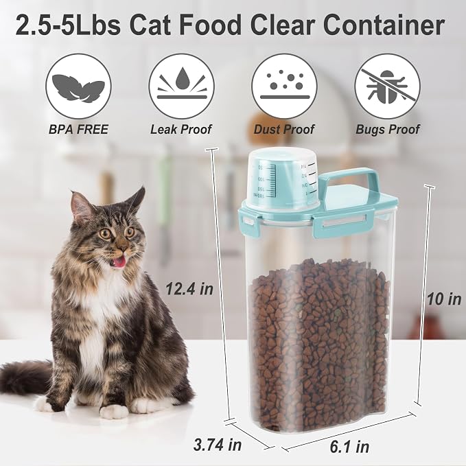 Dog Cat Food Storage Container with Cup (Dry Blue, 2.5L) | Pet Food Pourable Container Airtight with Large Spout, BPA-Free Plastic Food Dispenser for Pet Food, Bird Seed, Rice, Flour