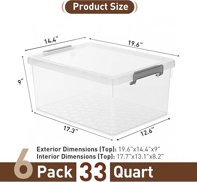Citylife 33 Qt Ultra-Thick (3.82mm) Clear Plastic Storage Bins with Lids, 6-Pack Stackable Straight-Wall Closet Organizers with Honeycomb Base & Pinch-Free Latches for Garage, Clothes & Holiday Decor