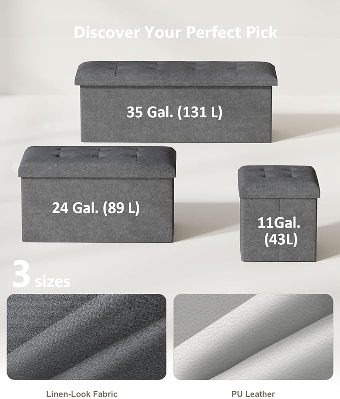 Folding Storage Ottoman Bench, Dark Gray, 15 Inches | Multi-Functional Ottoman Foot Rest, End of Bed Bench, Storage Chest, Living Room, Bedroom, Hallway, Entryway, 300 lb Capacity