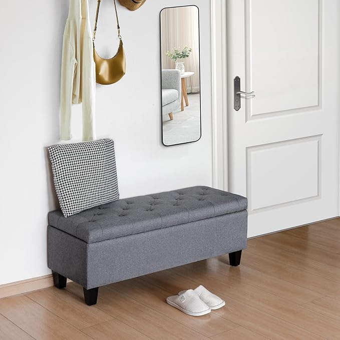 Redlife 42" Storage Ottoman Bench, End of Bed Storage Bench,330 LBS Load | Button Tufted Fabric , Solid Wood Leg, Safety Hinge, Ottoman with Storage for Bedroom Living Room Entryway, Gray