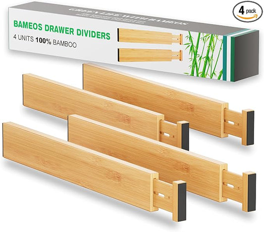 BAMEOS Bamboo Expandable Drawer Dividers – Fits 16.6"–22" Drawers, 2" High, Set of 4 | Spring-Loaded Bamboo Separator for Kitchen Island, Bathroom Vanity & Dresser Drawers