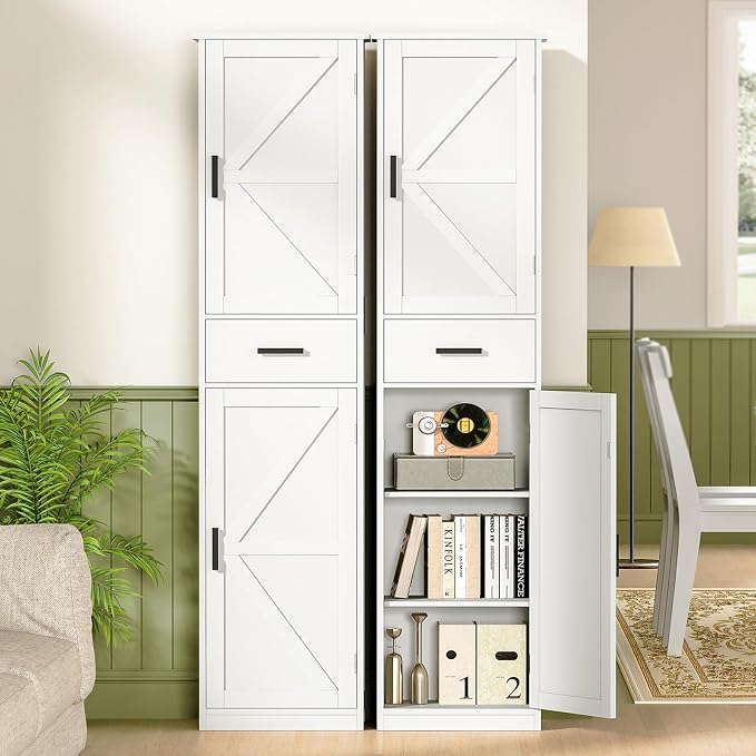 WEENFON Tall Bathroom Cabinet, Storage Cabinet with 6 Shelves & Drawer, Bathroom Storage Cabinet with Adjustable Shelves, Tall Cabinet for Living Room, Home Office, White