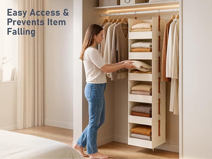 DIMJ Hanging Closet Organizer - 6-Tier Modular Hanging Shelves with Zippers Hooks, Collapsible Baskets for RV, Dorm, Small Spaces, Fabric Storage Bins for Clothes, Handbags