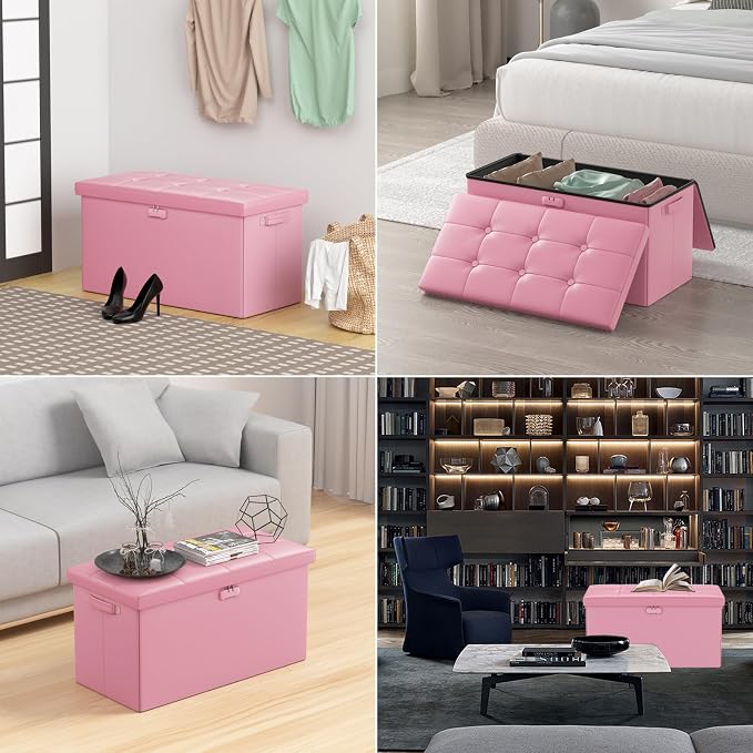 ENGPOW Storage Ottoman Bench,Fireproof Folding Bench with Lock,30 Inches Fire＆Water Resistant Storage Chest Foot Rest Stool Leather Bedroom Ottoman Safe for Documents,Valuables, Pink