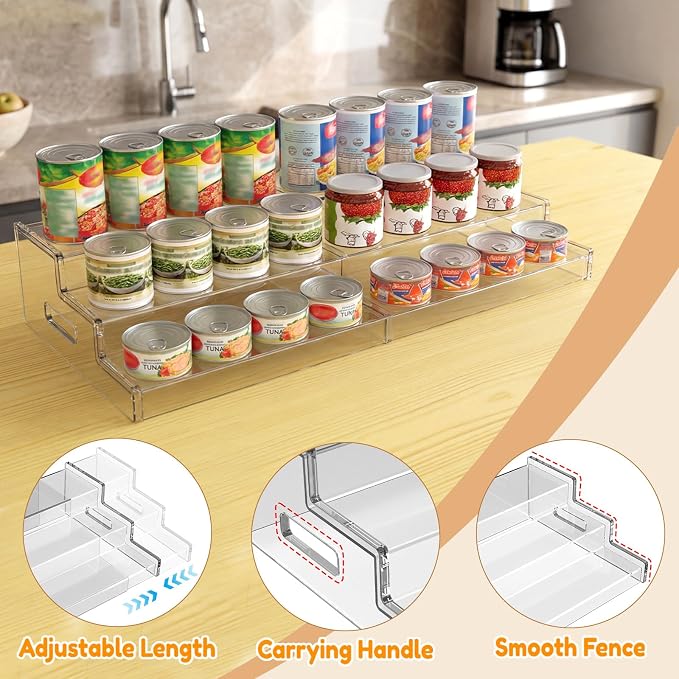 Expandable Can Organizer for Pantry, 3-Tier Adjustable Can Storage Holder | Soda Organizer Holds Up to 24 Cans, Acrylic Canned Food Organizer for Pantry, Cabinet, Countertop, Kitchen