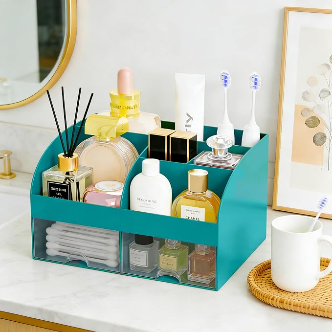 Makeup Organizer with 2 Drawers, Cosmetic Storage for Dresser Vanity and Bathroom Countertop,Make up organization and Skincare Storage with Beauty Brush Holder, Cosmetic Display Case (Dark Green)