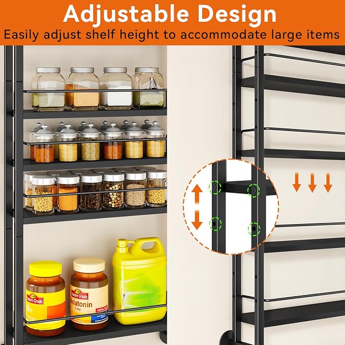 IBUYKE Over the Door Spice Organizer,Door or Wall Mount,Black TLJ028B | 6 Tier Wall Mounted Spice Rack Adjustable Hanging Storage Shelves Spice Organization for Kitchen cabinet Bathroom Closet