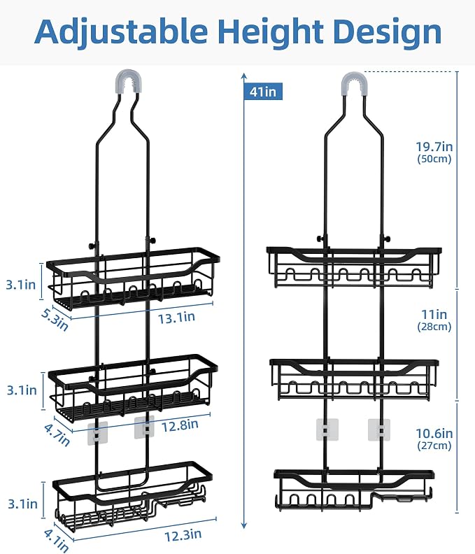 Adjustable Shower Caddy Hanging, Extended Length Organizer Over Shower Head, 3 Tier Long Neck Shower Rack with Soap Holder for Large Storage, Black