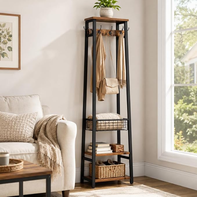 Coat Rack with Metal Basket and Storage Shelves | Coat Stand Freestanding, Hall Tree With and 7 Hooks, Clothes Rack Stand Organizer, Rustic Brown and Black