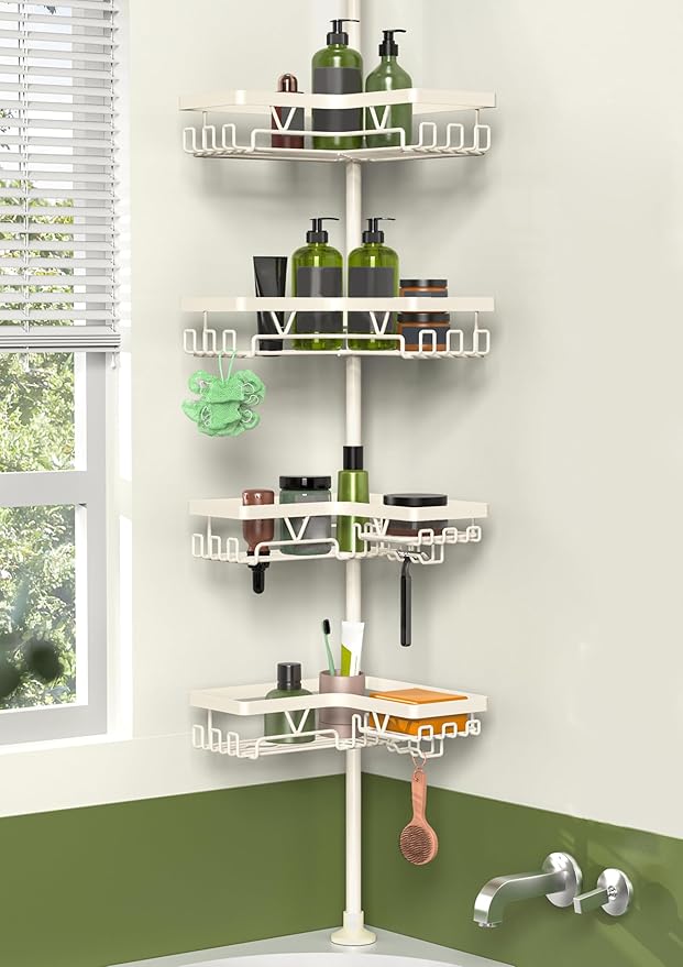KEGII Shower Corner Caddy Tension Pole, Corner Bathtub Shelf, Cream White | Rustproof, Waterproof, 4-Tier Shower Storage with Hooks, Soap Holder and Razor Rack, No Drill Organizer for Inside Showers