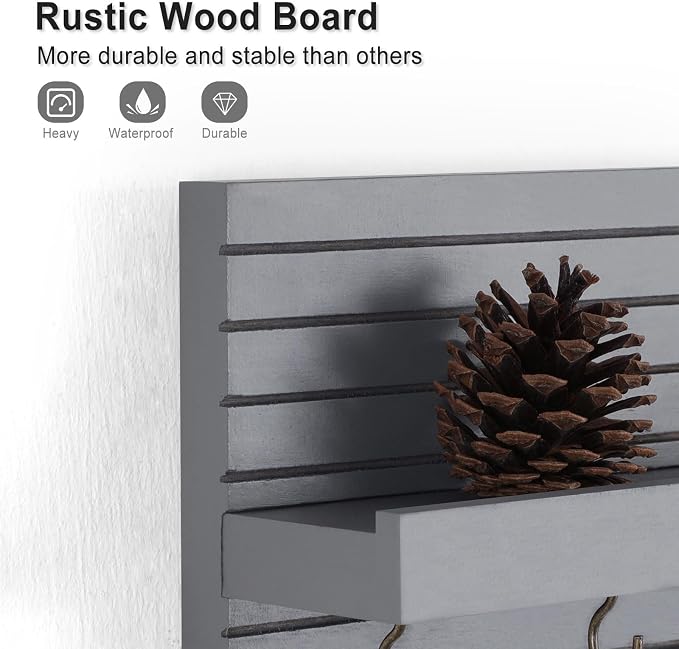 Lwenki Decorative Key Holder for Wall with Shelf, Entryway Shelf with Hooks Holds Leashes, Jackets and Glasses – Sturdy Wood Keyholder Entrance Hanger with Mounting Hardware (Gray, Medium)