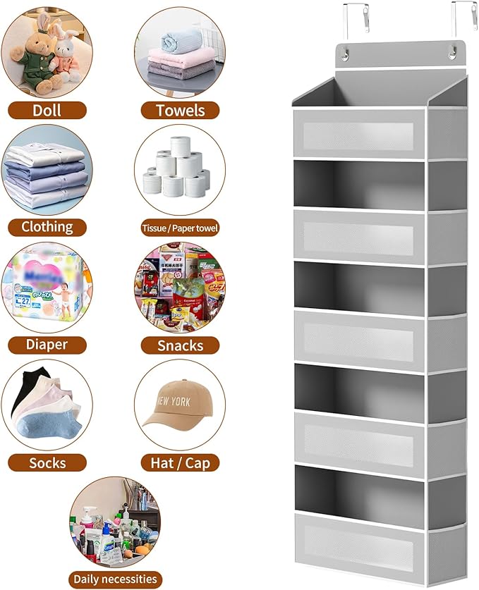 AQOOA 5-Tier Over The Door Organizer 44 lbs Capacity fit Standard Doors | Over the Door Storage 5 Large 10 Side Pockets, Closet Door Organizer Hanging Shelf for Closet Bathroom Bedroom Nursery, Grey
