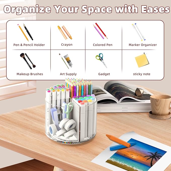 Pencil Holder for Kids, 360 Rotating Pen Holder for Desk Organizer and Storage, 4 Compartments Art Supply Marker Organizer, Acrylic Kids Desk Organizer for School Lazy Susan Organizer