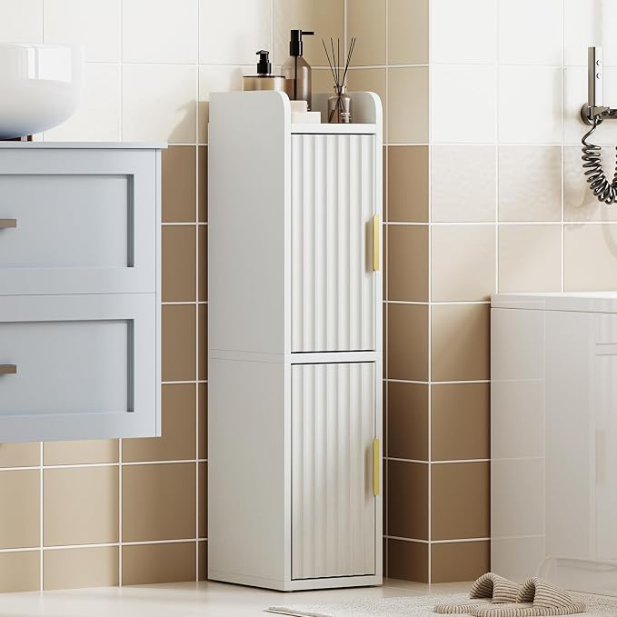 Yoobure Small Bathroom Storage Cabinet - Corner Floor Cabinet with 2 Doors & Adjustable Shelves, Narrow Slim Toilet Paper Cabinets, Skinny Bathroom Organizer for Small Space, 7.9" D x 7.9" W, White
