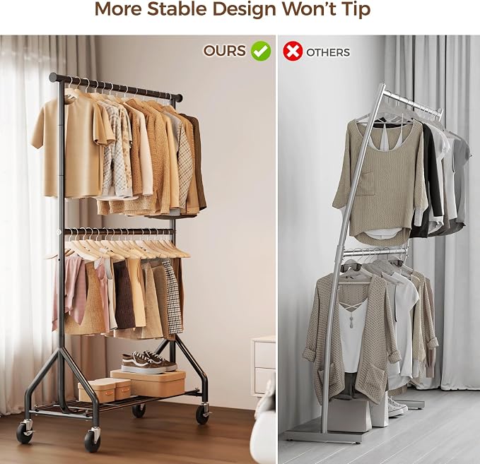 HYSEYY Heavy Duty Clothes Rack, Double Rod Clothing Rack for Hanging Clothes, Rolling Garment Rack, Adjustable Freestanding Wardrobe Closet Coat Rack for Bedroom Laundry Living Room, Black