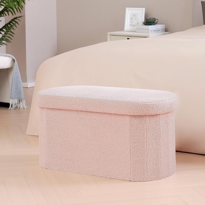 PINPLUS Storage Ottoman Bench Tufted Oval Ottomans for Living Room Foot Rest, Chest Box Velvet Bench with Storage, Pink 30"x15"x15" (Pink)