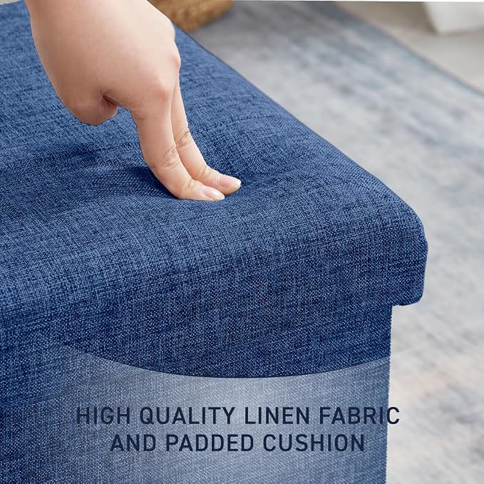Ornavo Home 15 Inch Folding Storage Ottoman Cube, Tufted Linen, Navy Blue | Upholstered Cube with Lid; Foot Rest Stool; Ideal for Bedroom, Living Room or Entryway