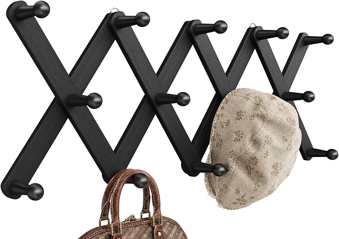Accordion Wall Hanger, Hat Rack for Wall with 14 Coat Hooks, Expandable Hat Hangers Organizer, Vintage Decorative Coat Rack Wall Mount for Purse, Mug (Black)